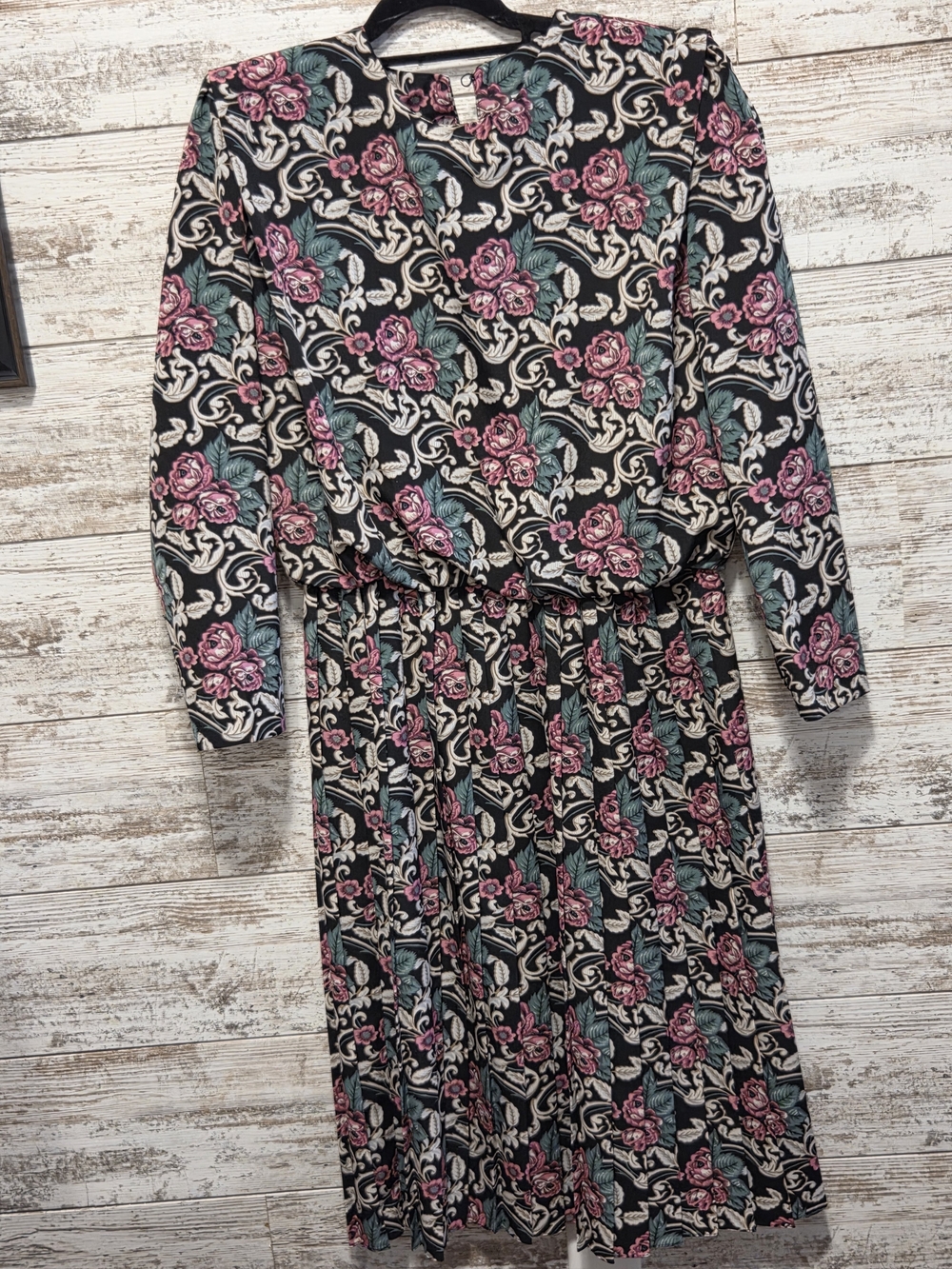 Women's Floral Long Sleeve Midi Dress - Pink & Teal on Black